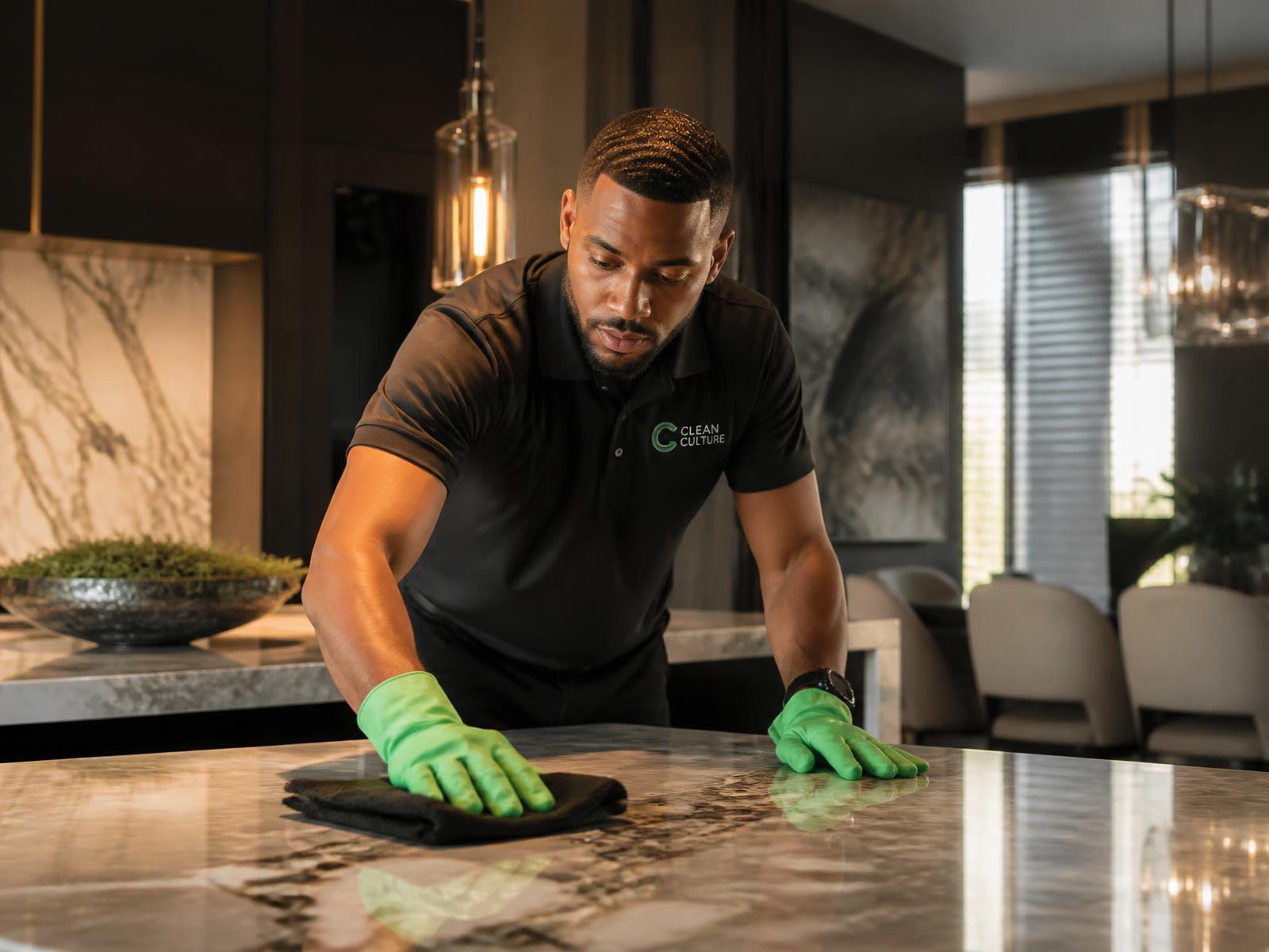 Cleaning technician polishing a marble kitchen counter